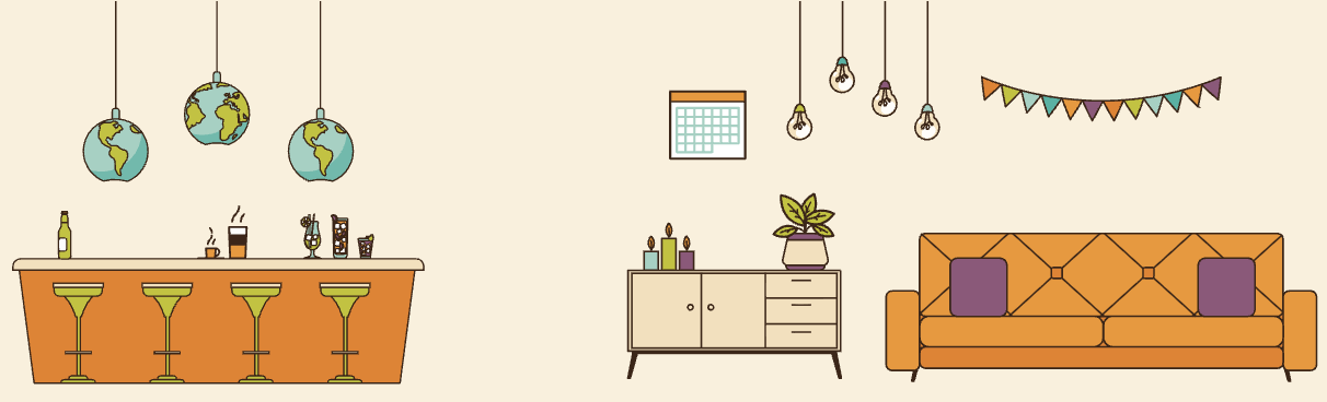 Café Eden Illustration – Bar, Sideboard und Sofa